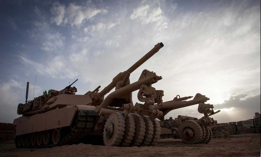 A U.S. Marine M1A1 Abrams tank with Delta Company, 1st Tank Battalion, Regimental Combat Team 7, is staged on forward operating base Shir Ghazay, Helmand province, Afghanistan, April 25, 2013.
