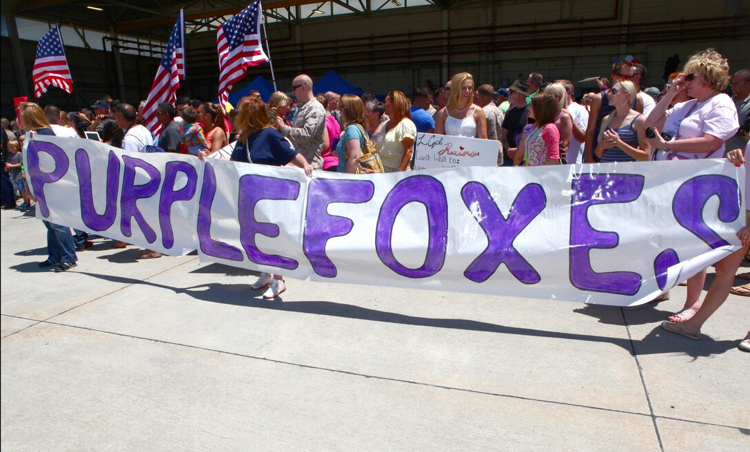 Family members, friends and loved ones eagerly await Marines and sailors with Marine Medium Helicopter Squadron 364 "Purple Foxes," during a homecoming ceremony aboard Marine Corps Air Station Camp Pendleton, Calif., May 13. The Marines and sailors returned from an eight-month-long deployment as the aircraft element with the 15th Marine Expeditionary Unit, providing aerial support to the MEU and its missions.