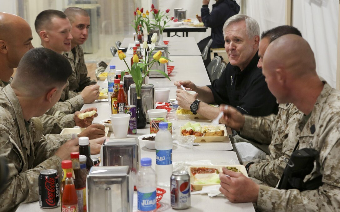 Secretary of the Navy Ray Mabus talks with Marines and Sailors during a junior leaders breakfast at Camp Leatherneck May 14. Mabus' visit marked the 11th time he has traveled to Afghanistan since taking office. Mabus said his passion for visiting troops serving in Afghanistan has grown over the last four years and meeting with them is still undeniably the best part of his job. (Photo by Sgt. Bobby J. Yarbrough)