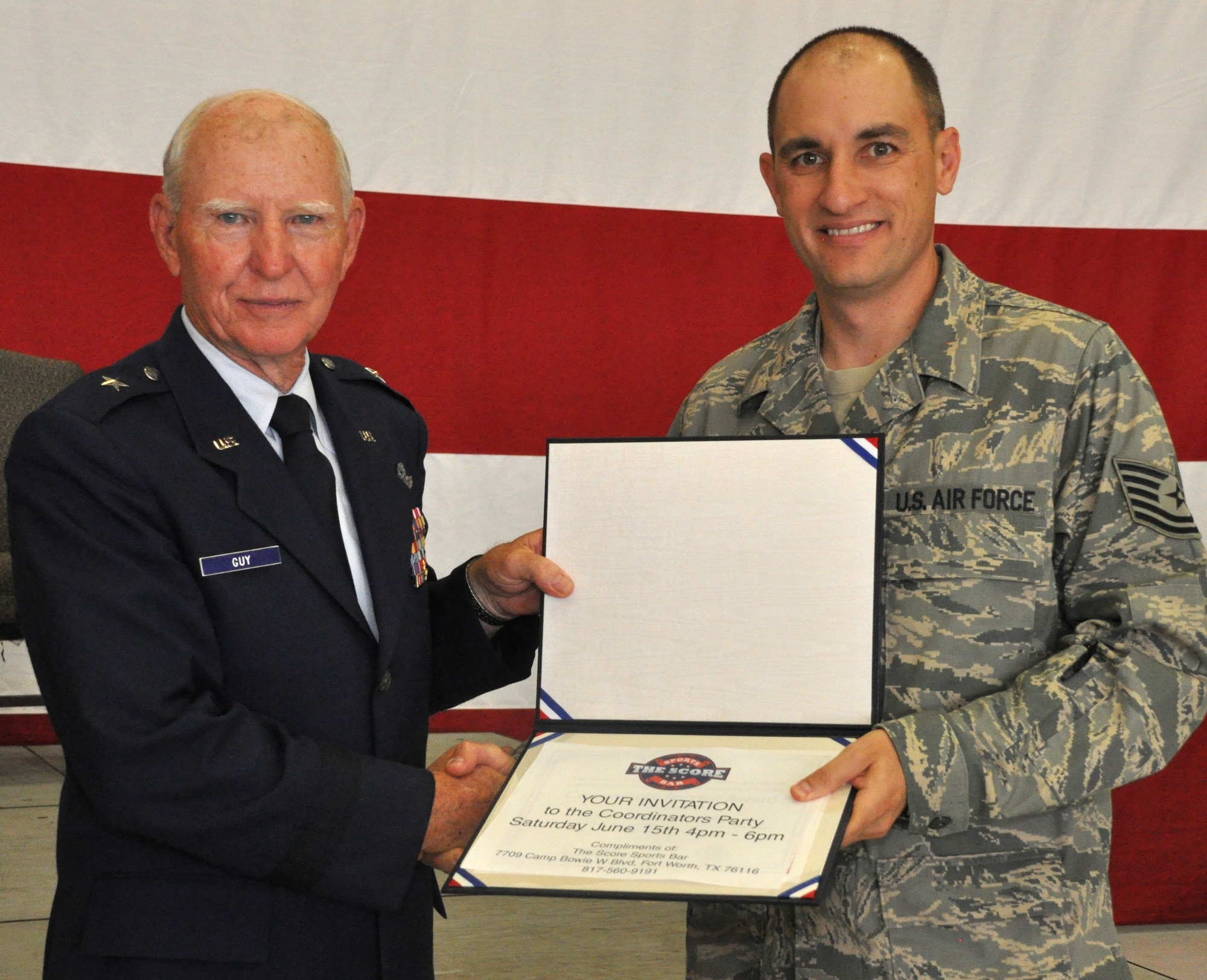 Tech Sgt. Frank Bernardo, 457th Fighter Squadron, was presented with a certificate for his selfless community service to the Wounded Warrior program over the past year on Friday, May 17, at the Fort Worth Civic Leader Association Community Luncheon and barbeque held at the Naval Air Station Fort Worth Joint Reserve Base, Texas. Sgt. Bernardo's brother was severely wounded last year and he has spent many countless hours to helping to improve his quality of life. (Official Air Force photo/Master Sgt. Julie Briden-Garcia)