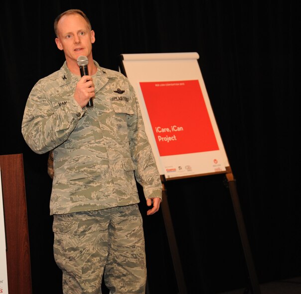 Col. Marc Vanwert, 92nd Air Refueling Wing vice commander, thanks volunteers who helped pack and send boxes to troops overseas at the Red Lion ballroom in Spokane, Wash., May 15, 2013. Over 200 boxes were part of the iCan iCare Project. (U.S. Air Force photo by Senior Airman Samantha Krolikowski/Released)