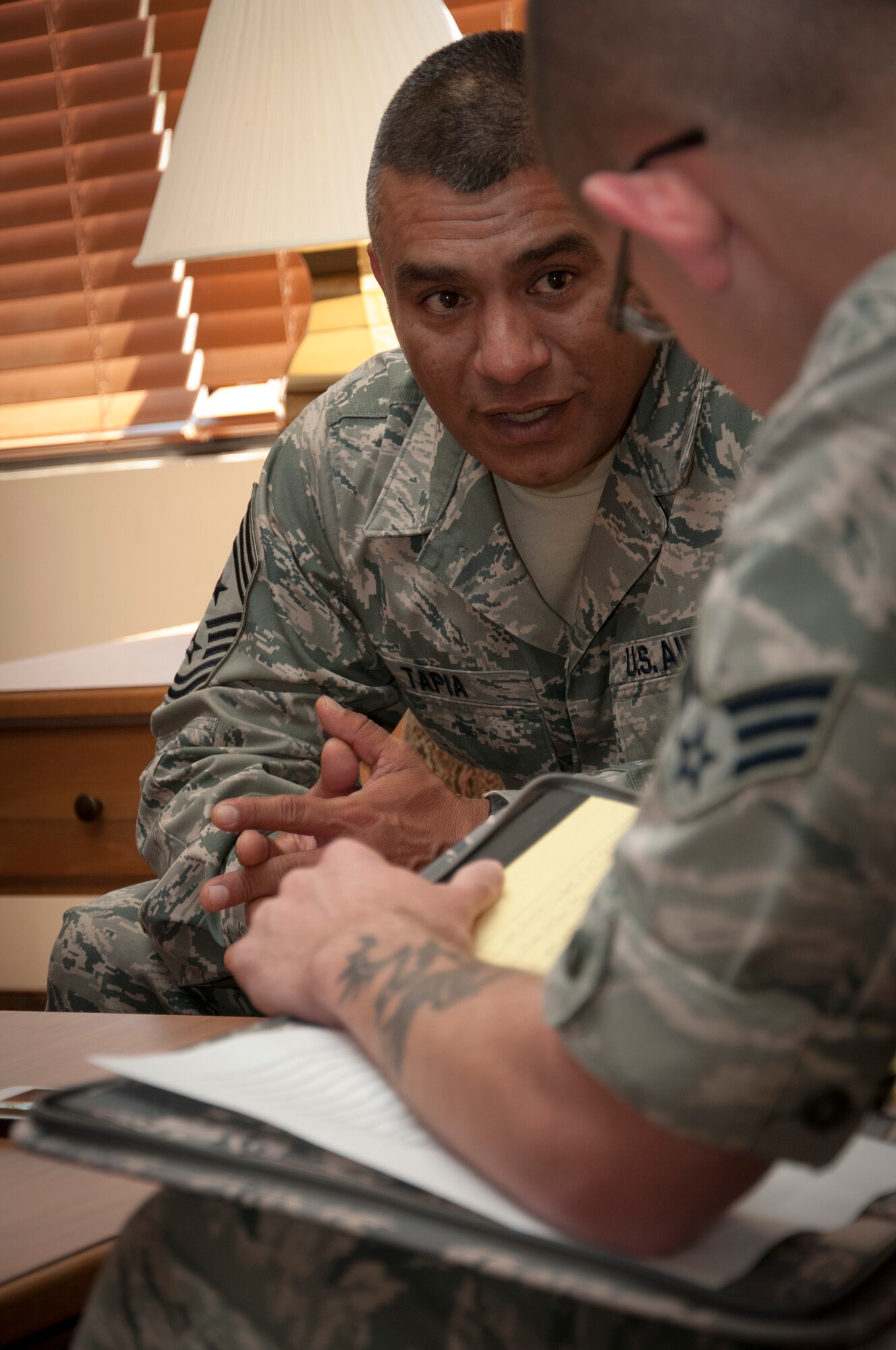 Chief Master Sgt. Gerardo Tapia, Air Education and Training Command command chief, participates in an interview at Laughlin Air Force Base, Texas, May 16, 2013. Tapia met with several airmen and spoke at two different Enlisted All Calls while visiting Laughlin. (U.S. Air Force photo/Airman 1st Class John D. Partlow)
