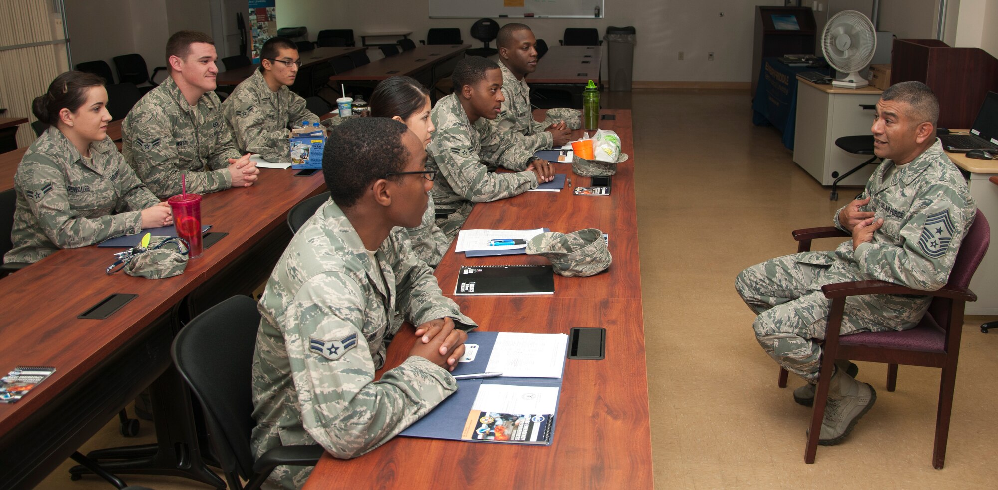 Chief Master Sgt. Gerardo Tapia, Air Education and Training Command command chief speaks with first-term Airmen at Laughlin Air Force Base, Texas, May 16, 2013. Tapia has visited several bases in AETC after assuming his position in January of 2013. (U.S. Air Force photo/Airman 1st Class John D. Partlow)