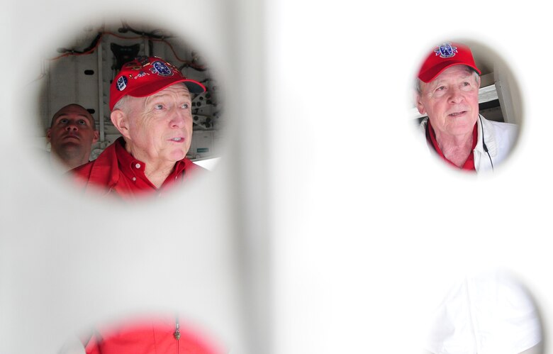 Robert Butterfield and Charlie Brown, retired 13th Bomb Squadron members, view the bomb bay of a B-2 Spirit during a tour at Whiteman Air Force Base, May 10. 2013. Butterfield and Brown are both original members of the 13th BS, which was established in June 1917 in Texas. (U.S. Air Force photo by Staff Sgt. Nick Wilson/Released)