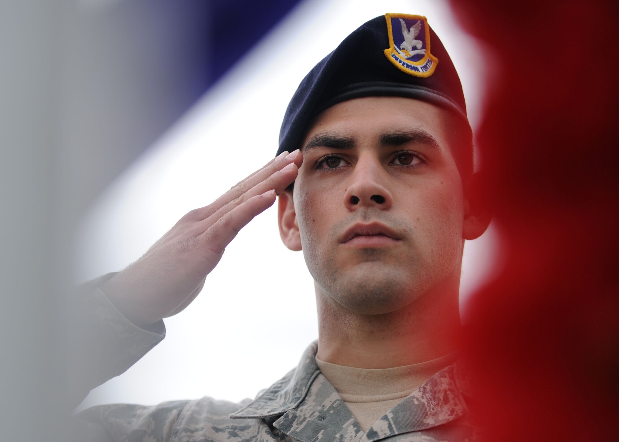 ALTUS AIR FORCE BASE, Okla. – Senior Airman Michael Oddo, 97th Security Forces Squadron vehicle control manager, renders a salute while guarding the wreath at Wings of Freedom Park, May 15. Members of the 97th SFS performed 30-minute shifts of “Guarding of the Wreath” in honor of law enforcement officers killed or disabled in the line of duty. (U.S. Air Force photo by Airman 1st Class Klynne Pearl Serrano / Released)