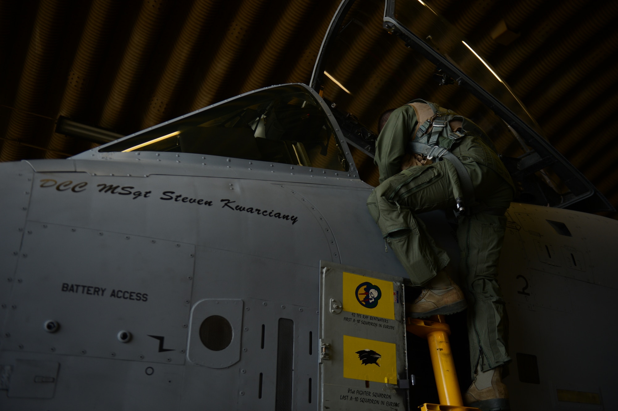 SPANGDAHLEM AIR BASE, Germany – U.S. Air Force Lt. Col. Clinton Eichelberger, 81st Fighter Squadron commander, inspects the cockpit of an U.S. Air Force A-10 Thunderbolt II attack aircraft before departing May 17, 2013. Eichelberger flew one of the final four A-10 aircraft flight to leave Europe at Spangdahlem Air Base. (U.S. Air Force photo by Airman 1st Class Gustavo Castillo/Released)