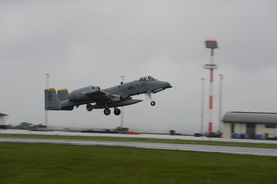 An A-10 Thunderbolt II assigned to the 81st Fighter Squadron takes off for the final time  May 17, 2013, from Spangdahlem Air Base, Germany. A total of 21 aircraft relocated to several bases in the United States. (U.S. Air Force photo/Tech. Sgt. Jonathan Pomeroy)