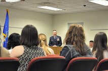 Col. John Rauch, 55th Wing commander, speaks to recent Congressional Award winners during a ceremony May 13 at the Bellevue Welcome Center in Bellevue, Neb. He congratulated the young adults on their hard work, encouraging them to continue to serve their community and keep working to earn higher Congressional Award honors. (U.S. Air Force photo by Senior Airman Peter R.O. Danielson/Released)