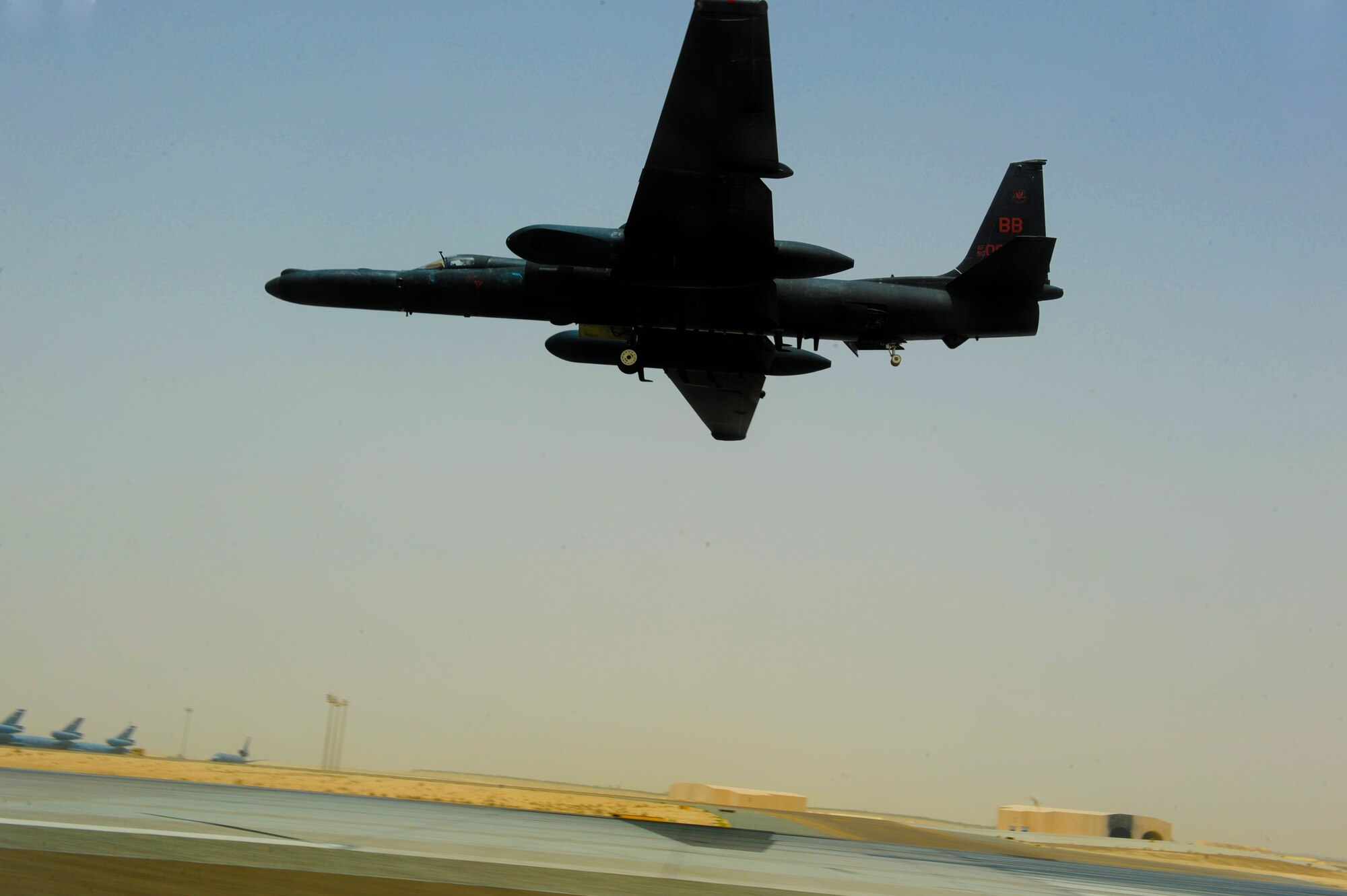U.S. Air Force Maj. Patrick Hudson, 99th Expeditionary Reconnaissance Squadron U-2 pilot, prepares to land the U-2 aircraft after a combat sortie here, May 17, 2013, at an undisclosed location in Southwest Asia. During the flight Hudson reached a milestone of 2,000 U-2 hours. Hudson hails from Fayette, Miss., and is deployed from Beale Air Force Base, Calif. (U.S. Air Force photo by Staff Sgt. Joshua J. Garcia) 