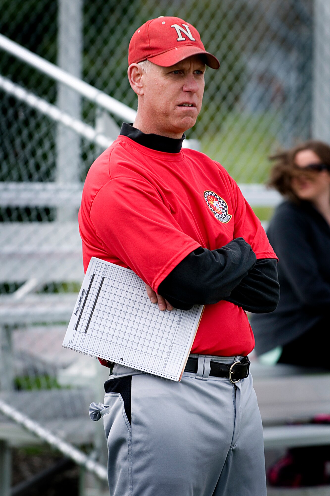 GRISSOM AIR RESERVE BASE, Ind. -- Larry Shaw, 74th Air Refueling Squadron Fightin' Red Tags manager, surveys the field to ensure players are in the proper position April 27 during the 7th Annual Jovanovich Cup.  The Red Tags held off the Dark Side 9-5 to retain the Cup. (U.S. Air Force photo/Tech. Sgt. Doug Hays)