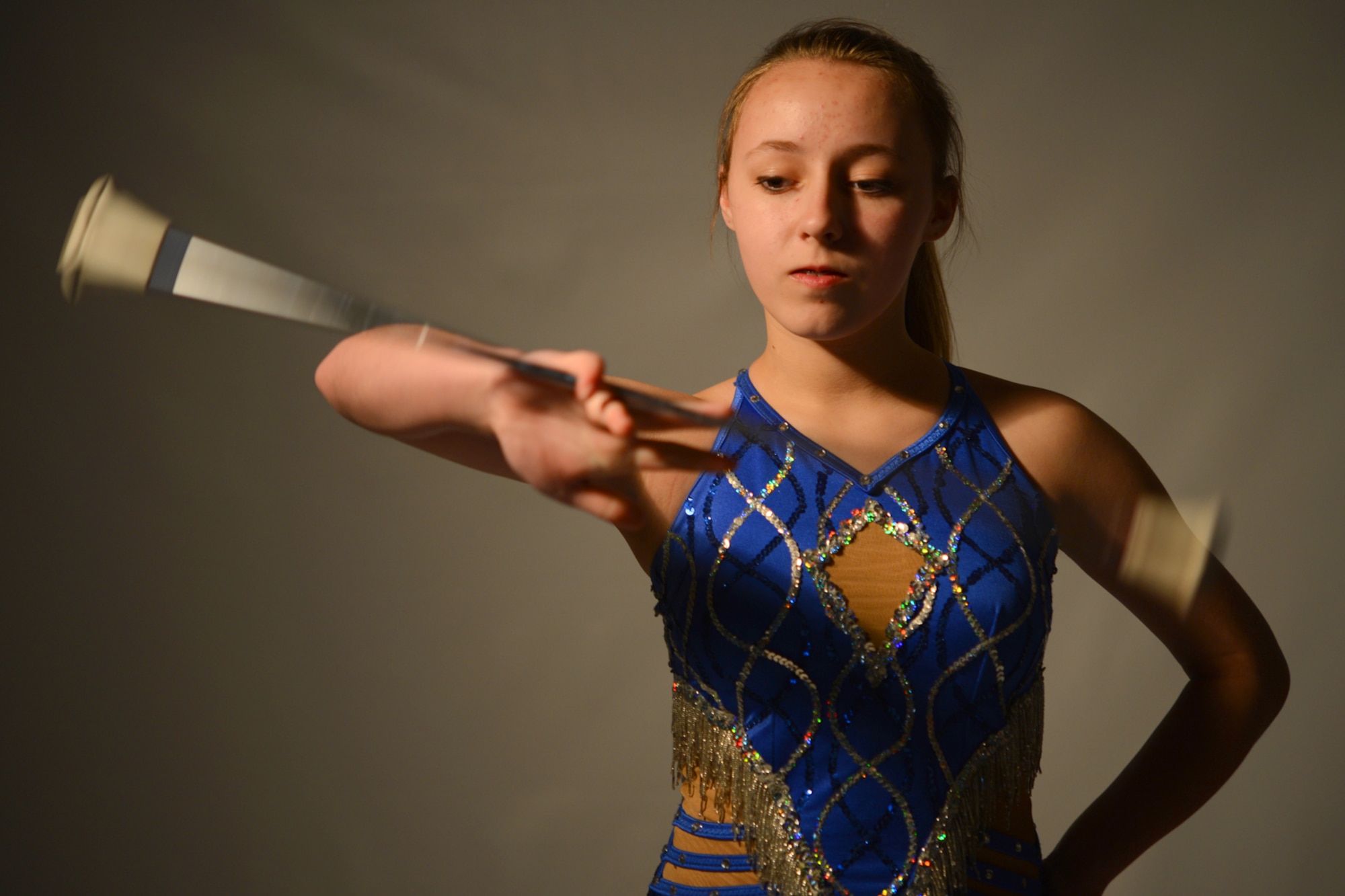 ROYAL AIR FORCE LAKENHEATH, England – Nicolette Gaboriault-Whitcomb, 13, daughter of Lt. Col. Steve Gaboriault-Whitcomb, 48th Aerospace Medicine Squadron bioenvironmental engineering flight commander, demonstrates baton twirling May 14, 2013. Nicolette recently won first place at three different events at the United Kingdom Federation of Majorettes national competition. (U.S. Air Force photo by Airman 1st Class Dana J. Butler)