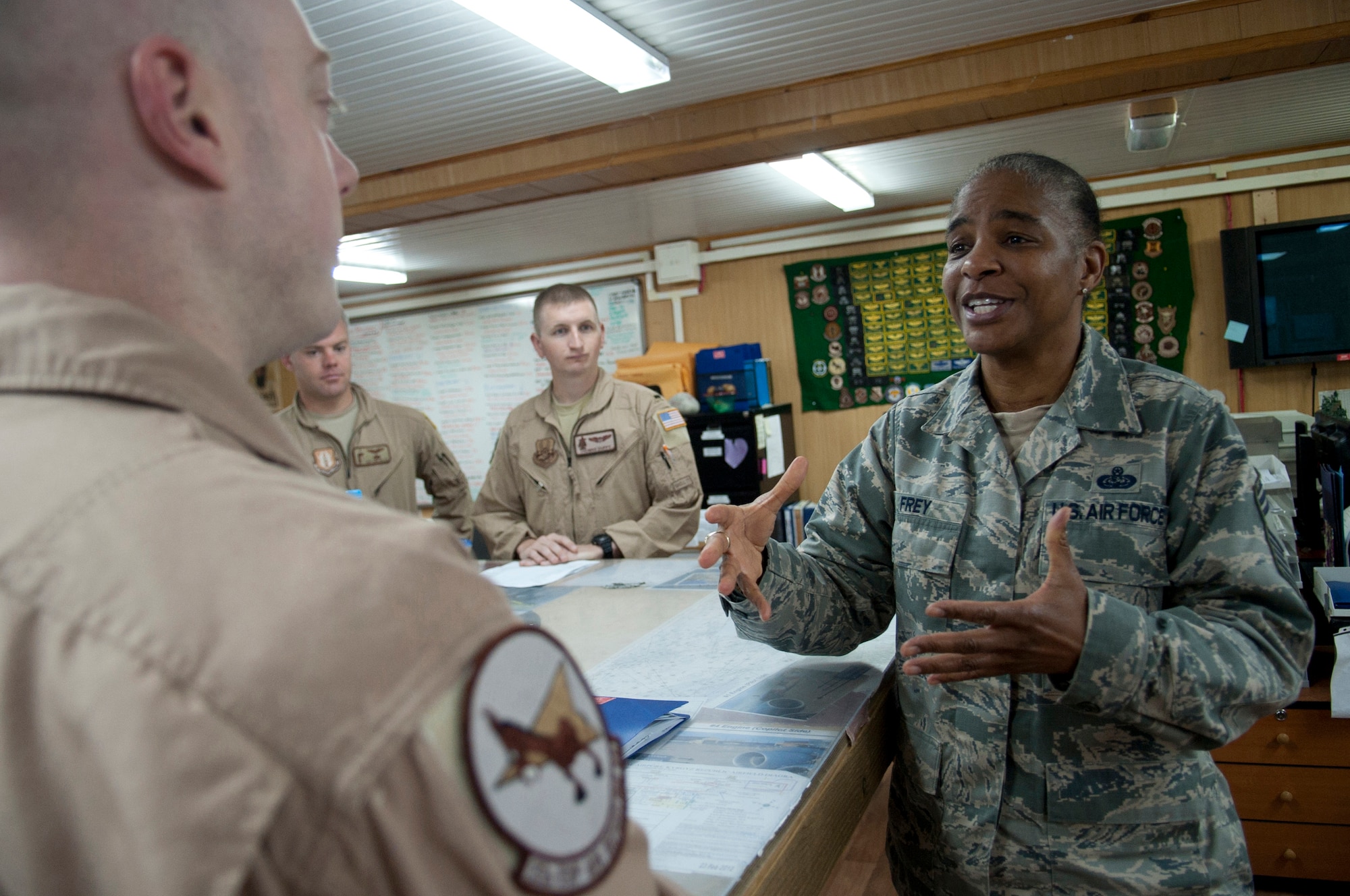 Chief Master Sgt. Shelina Frey, command chief for U.S. Air Forces Central Command, visits with members of the 22nd Expeditionary Air Refueling Squadron at Transit Center at Manas, Kyrgyzstan, May 15, 2013. This was Frey’s first official visit to the Transit Center since she became the AFCENT command chief in April of this year. (U.S. Air Force photo/Staff Sgt. Robert Barnett)