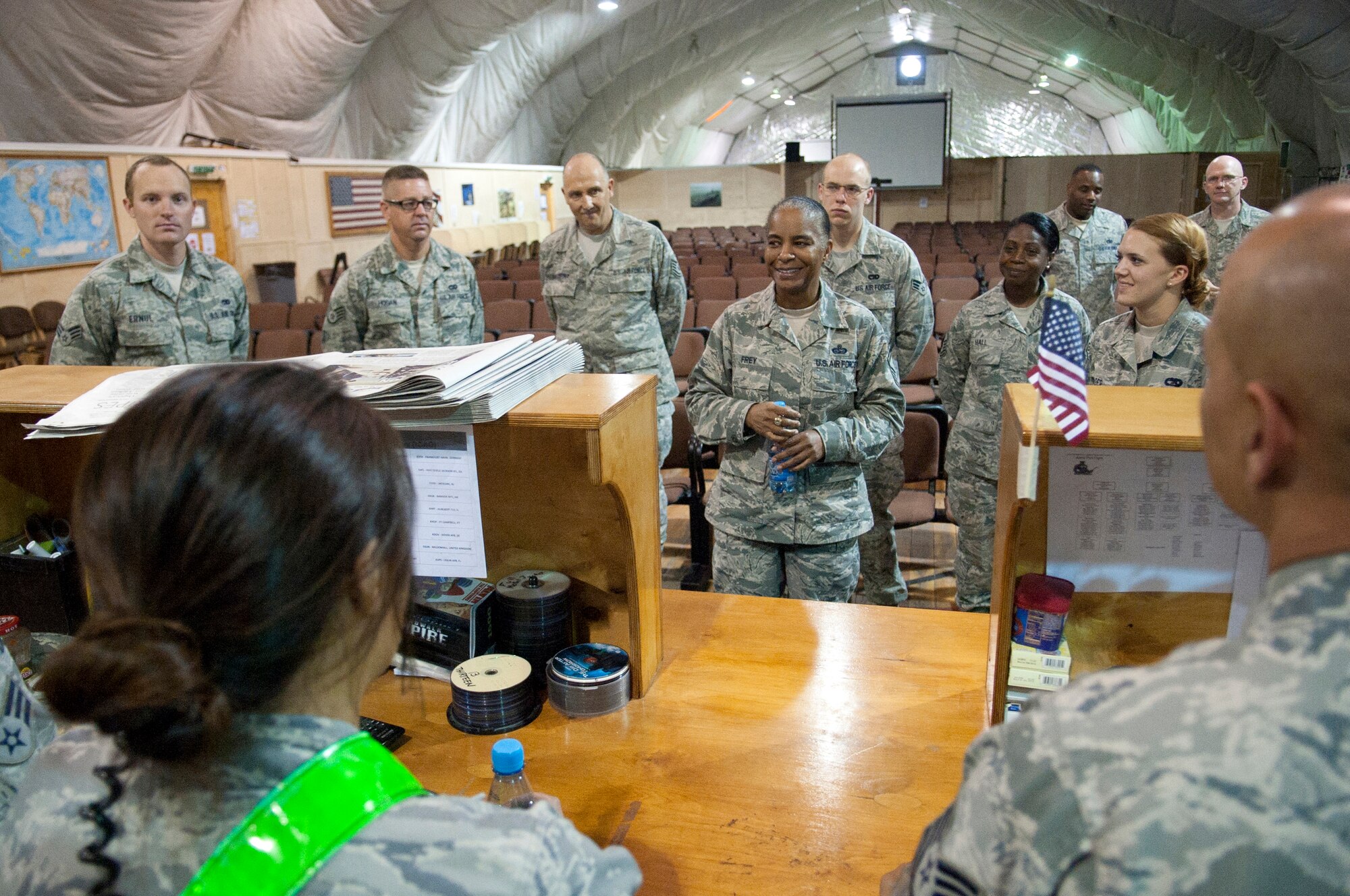 Chief Master Sgt. Shelina Frey, command chief for U.S. Air Forces Central Command, visits with the Airmen who operate the passenger terminal at Transit Center at Manas, Kyrgyzstan, May 14, 2013. During her tour, Frey shook hands and gave hugs while she thanked the troops for their hard work and service.  (U.S. Air Force photo/Staff Sgt. Robert Barnett)