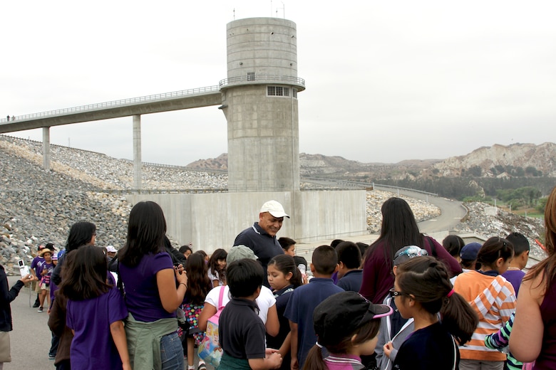 More than 80 second grade students from Cortez Elementary, a math and science magnet school in Pomona, Calif., took a field trip to Prado Dam May 16.  The tour included a nearly two-mile trek through the flood control basin up to the dam's 627-foot control tower.