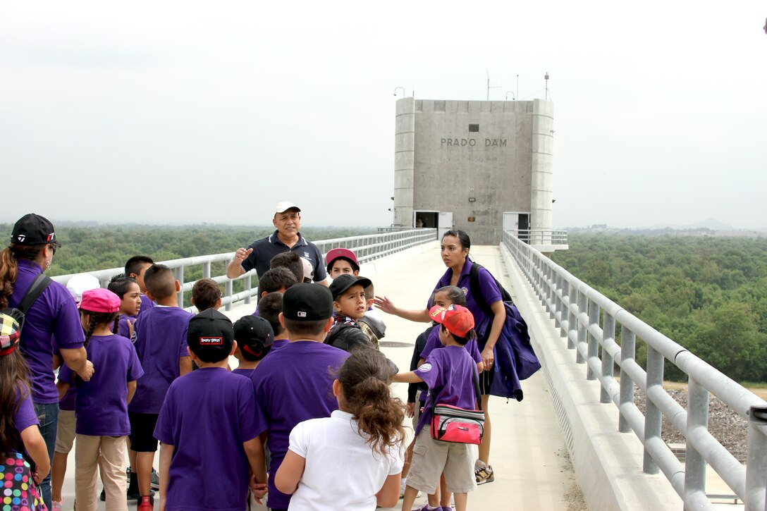 More than 80 second grade students from Cortez Elementary, a math and science magnet school in Pomona, Calif., took a field trip to Prado Dam May 16.  The tour included a nearly two-mile trek through the flood control basin up to the dam's 627-foot control tower.