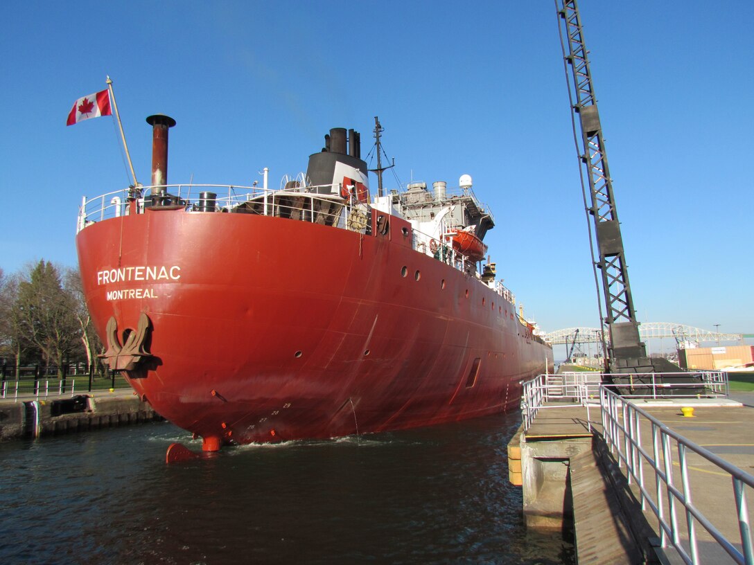 The Frontenac makes its way out of the MacArthur lock, enroute for Lake Superior.