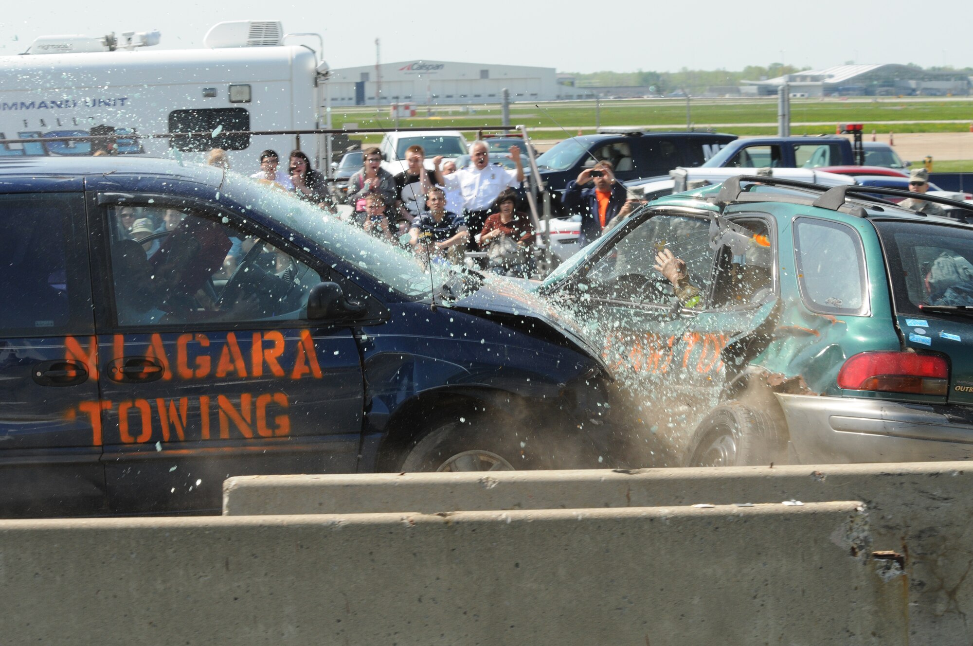 The Niagara Falls Reserve Station hosted the 18th Annual Traffic Safety Program for local high school students. During the day the students are giving a crash demonstration of a t-bone accident. Calspan is a transportation research group who sets up to demonstrate the catastrophic effects that low speed impacts can have. May 15, 2013 (Air National Guard Photo/Senior Master Sgt. Ray Lloyd)