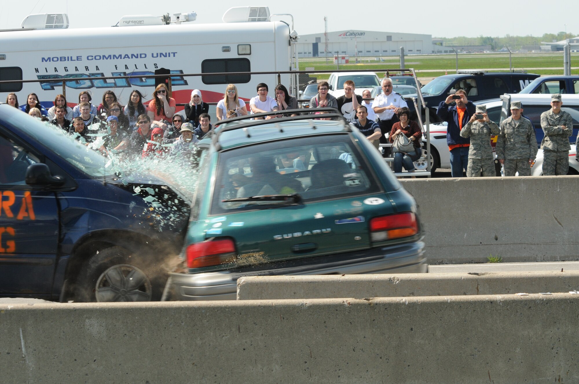 The Niagara Falls Reserve Station hosted the 18th Annual Traffic Safety Program for local high school students. During the day the students are giving a crash demonstration of a t-bone accident. Calspan is a transportation research group who sets up to demonstrate the catastrophic effects that low speed impacts can have. May 15, 2013 (Air National Guard Photo/Senior Master Sgt. Ray Lloyd)