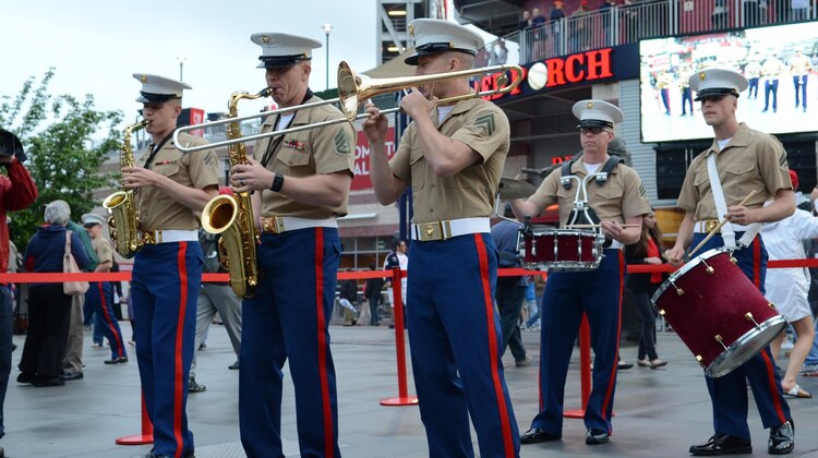 The Quantico Marine Band plays for baseball fans in attendence during a  Nationals baseball game for Marine Corps Day at Nationals Park on May 8, 2013. More than 75 Marines from Marine Corps Base Quantico and Joint Base Myer-Henderson Hall attended a Nationals baseball game.