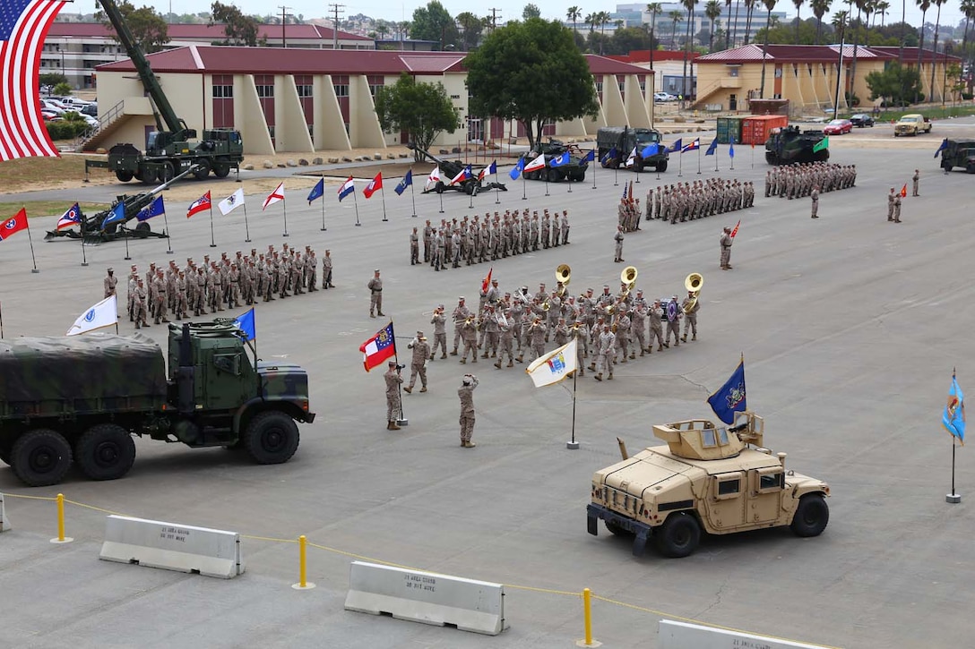 The First Marine Division Band conducts "Sound Off" during the 11TH Marine Expeditionary Unit (MEU), relief and appointment ceremony May 16, 2013 at the 21 area parade deck on Camp Pendleton, CA.  During the ceremony Sergeant Major Scott T. Pile relieved his post to Sergeant Major Troy E. Black.