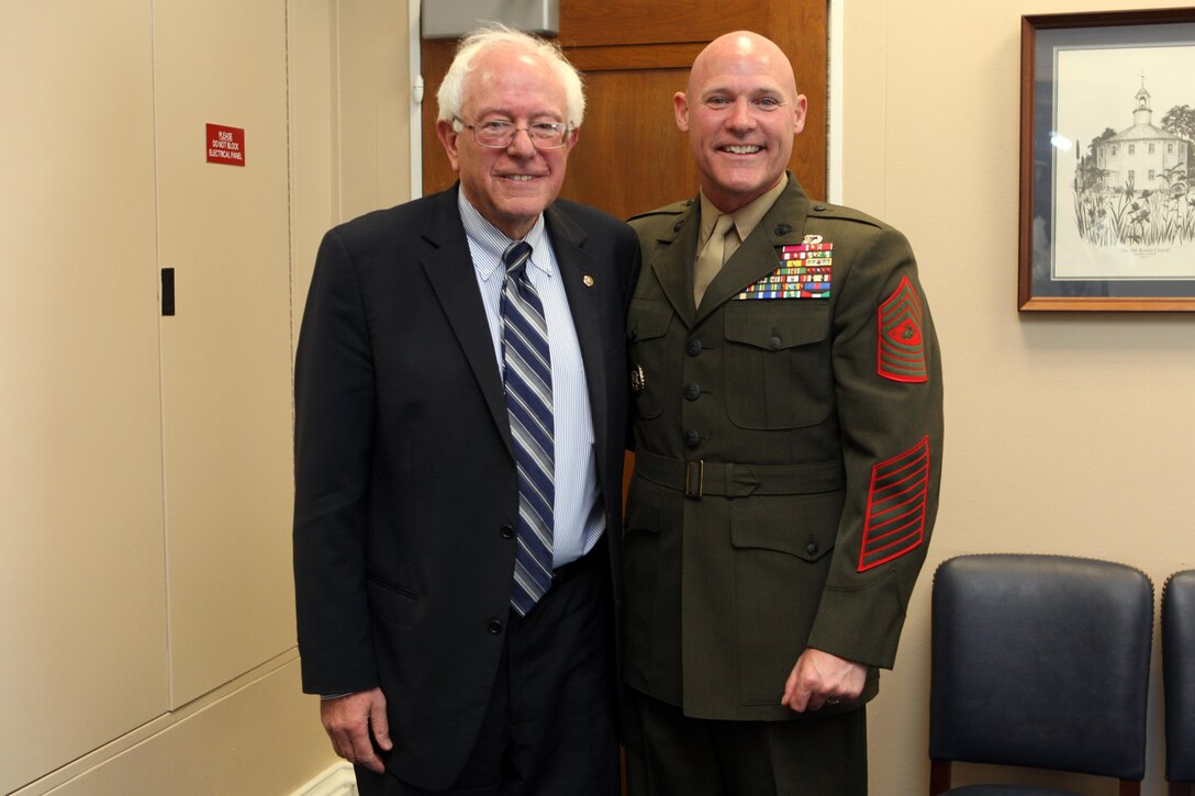 Sgt. Maj. Micheal P. Barrett, the 17th Sergeant Major of the Marine Corps, speaks to Sen. Bernard Sanders of Vermont on May 16, 2013, in Washington, D.C. (U.S. Marine Corps photo by Sgt. Marionne T. Mangrum)