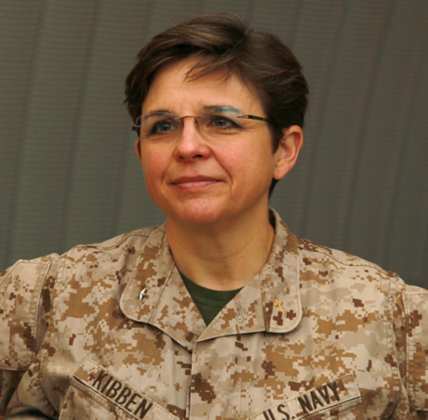 The 18th Chaplain of the Marine Corps, Rear Adm. Margaret Kibben, speaks with Religious Ministry Teams about deployments and discusses current affairs within the Chaplain Corps at the Combat Center’s protestant chapel May 7.
