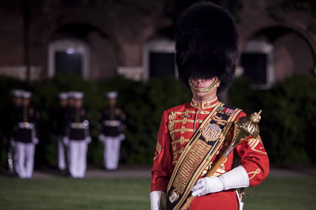 Staff Sgt. Steven F. Williams, U.S. Marine Band assistant drum major, marches to his position during a Friday Evening Parade Marine Barracks Washington, D.C., May 17. 
