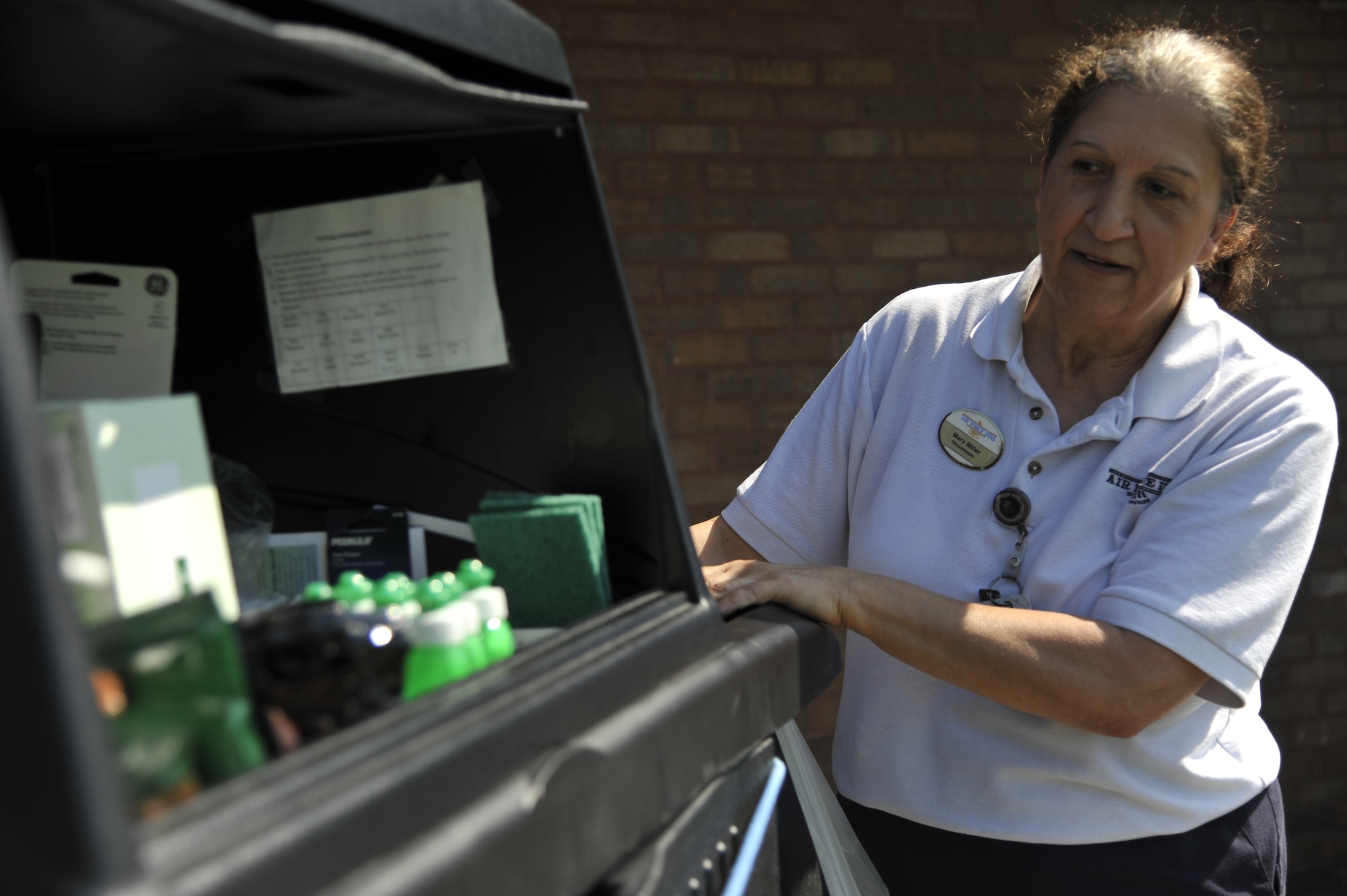 Mary Miller, 509th Force Support Squadron housekeeper, performs an inventory check on cleaning materials at the Whiteman Inn on Whiteman Air Force Base, Mo., May 7, 2013. Inventory checks are important to uphold accountability for cleaning materials and are performed before and after cleaning. (U.S. Air Force photo by Airman 1st Class Keenan Berry/Released)