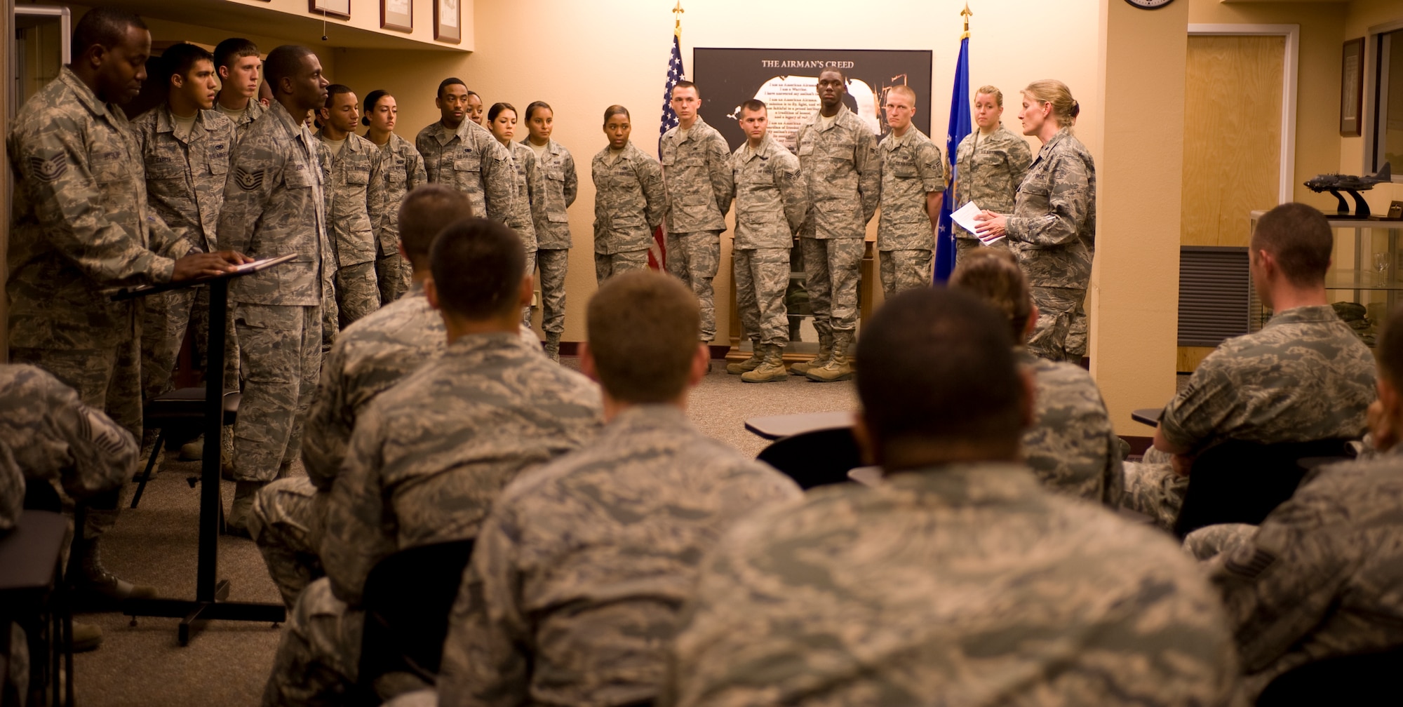 U.S. Air Force Lt. Col. Jocelyn Schermerhorn, commander of the 19th Special Operations Squadron, addresses Airmen graduating from Commando Pride Airman Center on Hurlburt Field, Fla., May 17, 2013. Schermerhorn wanted the Airmen to take away important lessons learned from Desert One, a staging area in Operation Eagle Claw, and most importantly, the Air Force Special Operations Command mantra, “guts to try.”  (U.S. Air Force photo by Airman 1st Class Benjamin Kim)