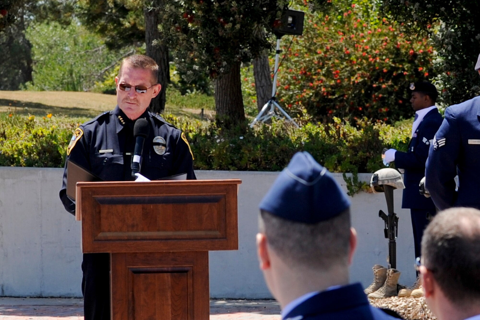VANDENBERG AIR FORCE BASE, Calif. – Larry A. Ralston, Lompoc Police Department chief of police, speaks as the guest speaker during a closing ceremony here Friday, May 17, 2013. National Police Week commemorated law enforcement personnel who have fallen in the line of duty.  (U.S. Air Force photo/Airman Yvonne Morales)
