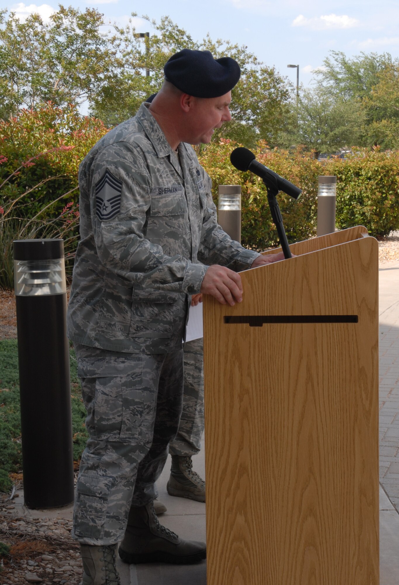 GOODFELLOW AIR FORCE BASE, Texas – Chief Master Sgt. Richard Sherman, Air Education and Training Command Security Forces functional manager, gives a speech during the retreat ceremony at the Norma Brown building, May 17. Security Forces held different events and activities to commemorate Peace Officers Memorial Day and Police Week from May 13 to 17. (U.S. Air Force photo/ Airman 1st Class Breonna Fields) 