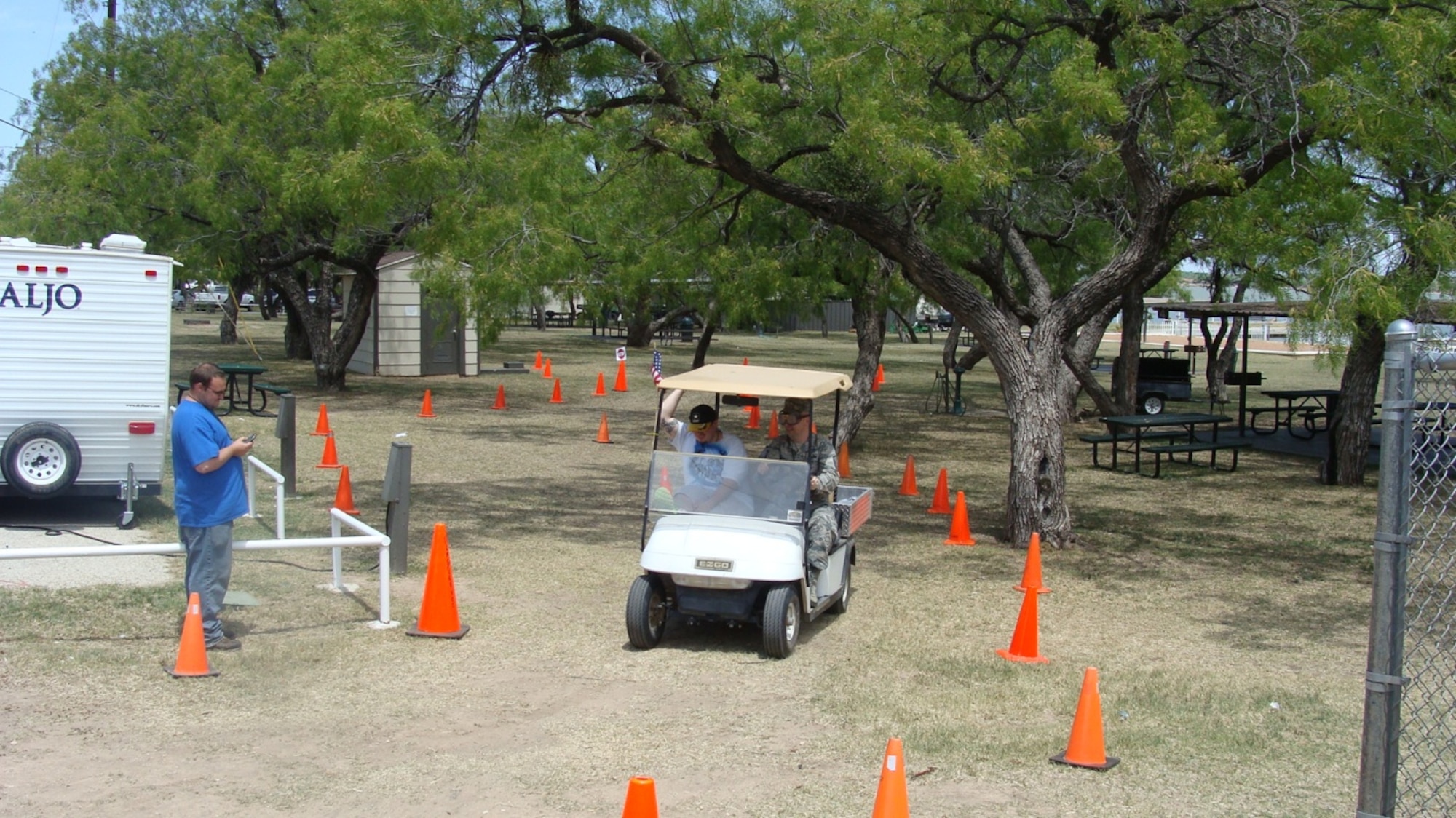 SAN ANGELO, Texas – Master Sgt. Christopher Norci, 17th Force Support Squadron’s first sergeant, participated in the beer-goggle challenge course at the Goodfellow Air Force Base Recreation Camp, April 26. The driving course consisted of a 10 foot walk to the golf cart and a simulated course to represent everyday driving. (Courtesy photo)
	
