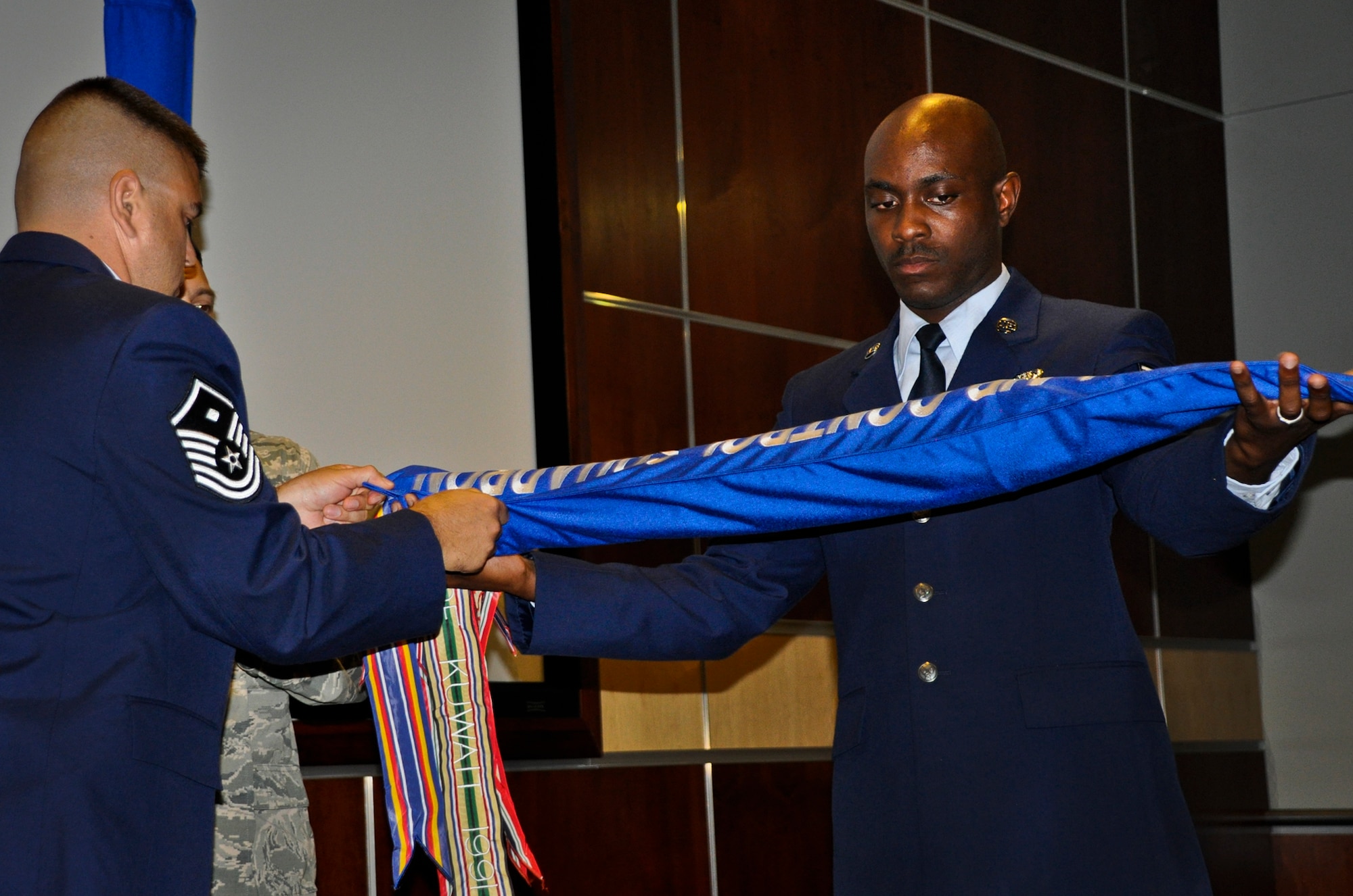 The 728th Air Control Squadron guidon was sleeved May 17, officially deactivating the 62-year-old squadron at Eglin Air Force Base Fla. (U.S. Air Force photo/Chrissy Cuttita)