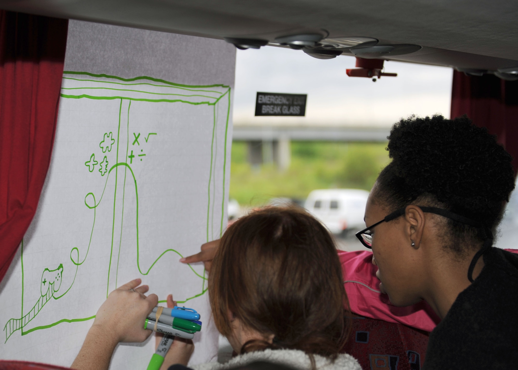 After receiving a “Four Lenses” briefing, which describes the four color-coded temperaments denoting how someone views and reacts to the world around them, Team Mildenhall Airmen work on a poster describing the perfect roller-coaster for Airmen of the opposite temperament May 17, 2013, during a resiliency training trip to Thorpe Park, a theme park in Surrey, England. Creating the poster tested how well the Airmen understood the perspectives of their peers. (U.S. Air Force photo by Airman 1st Class Preston Webb/Released)