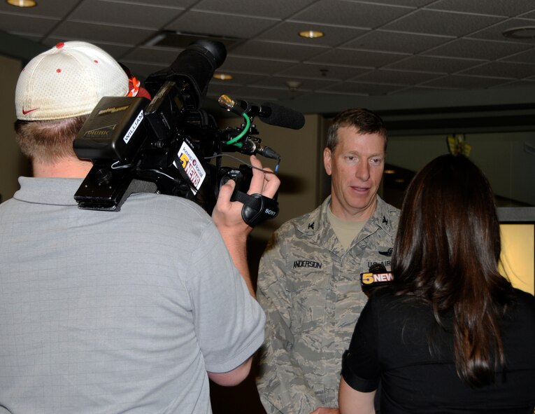 Col. Mark Anderson, 188th Fighter Wing commander, speaks to local media about the 188th Security Forces Squadron’s six-month deployment to Southwest Asia in support of Operation Enduring Freedom, May 12, 2013. (U.S. Air National Guard photo by Senior Airman Hannah Landeros/188th Fighter Wing Public Affairs)