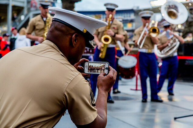 The Quantico Marine Corps Band's Party Band is recorded on an iPhone by a staff sergeant as they play during the May 5, 2013, Marine Day baseball game at the National's Stadium.  The Party Band performed three songs just inside park prior to the game.  