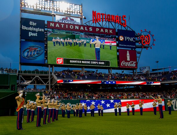 The Quantico Marine Corps Band performed the "Star Spangled Banner" at the May 5, 2013, National's Baseball game.  The performance was broadcasted over the in-park videoscreens to the more than 31,000 in attendance, as well as, the national television audience. 
