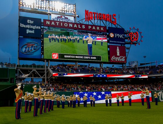 The Quantico Marine Corps Band performed the "Star Spangled Banner" at the May 5, 2013, National's Baseball game.  The performance was broadcasted over the in-park videoscreens to the more than 31,000 in attendance, as well as, the national television audience. 