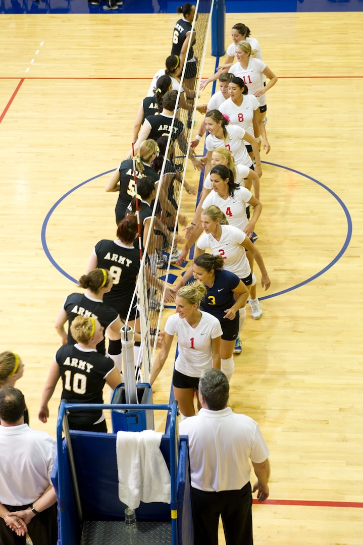 Army and the Navy/Marine Corps combined womens teams finish with the Army winning three sets to one:  19-25, 25-15, 25-15, 25-20