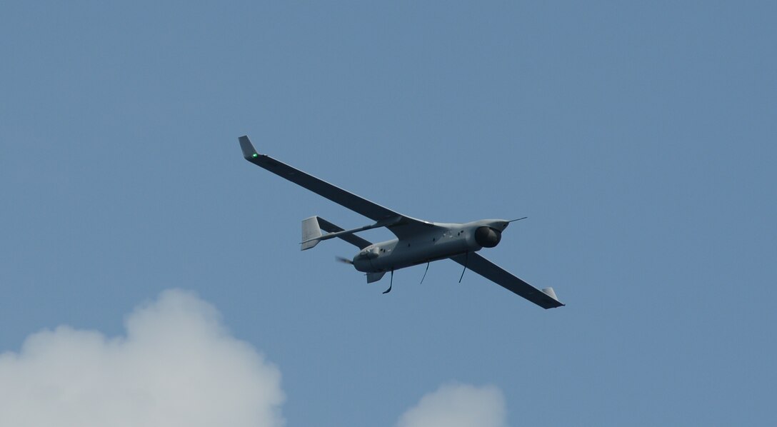 The RQ-21A Small Tactical Un-manned Air System (STUAS) flies for the first time at sea after launching from the San Antonio-class amphibious transport dock USS Mesa Verde (LPD 19).The Mesa Verde is underway conducting exercises. (U.S. Navy photo by Mass Communication Specialist 3rd Class Sabrina Fine)