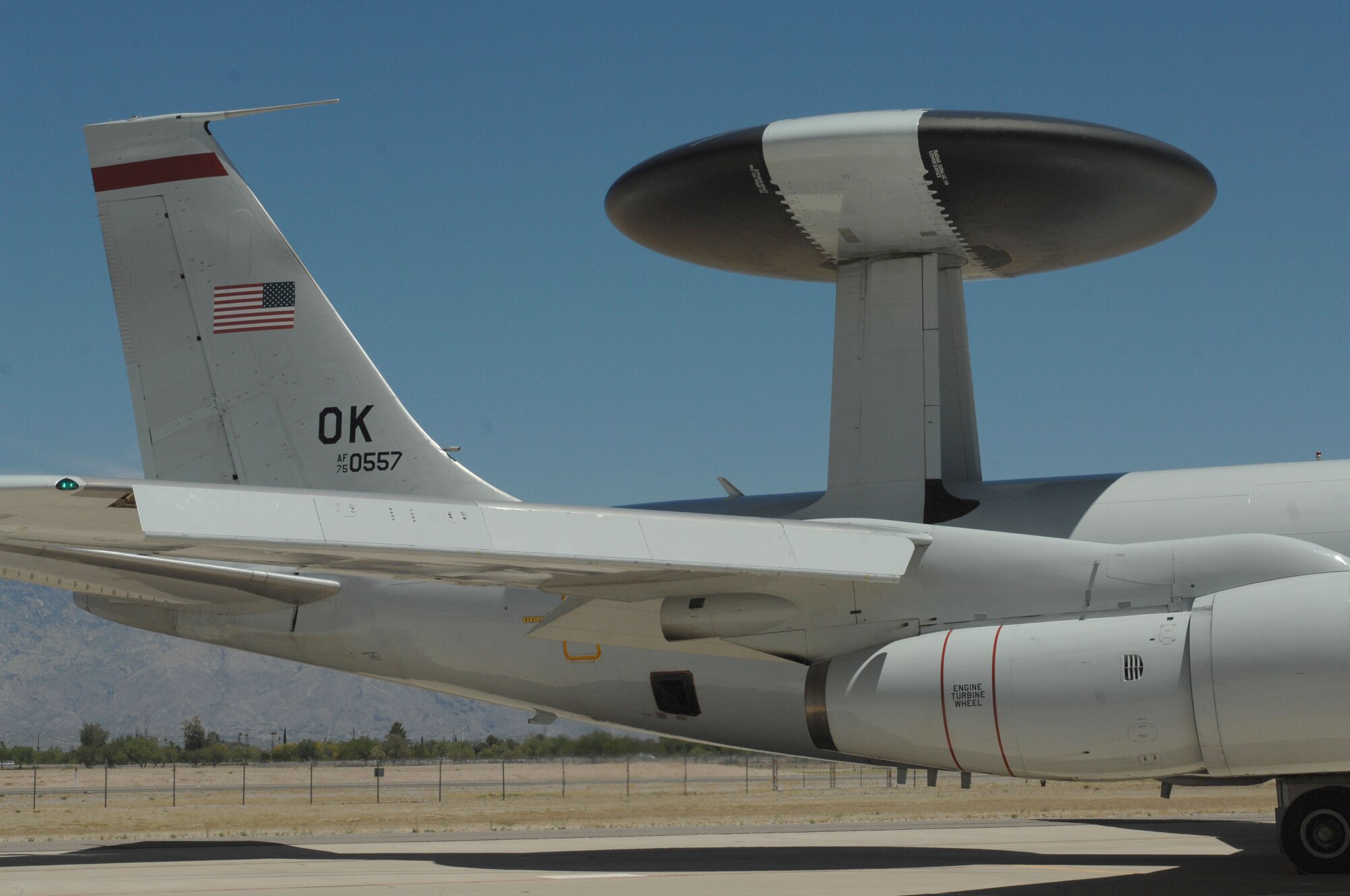 Five E-3 Sentry and two U.S. Navy E-6B Mercury gear up to return home at Davis-Monthan Air Force Base, Ariz., May 21, 2013. The aircraft, from Tinker AFV, Okla., were diverted to D-M, May 20, 2013 when a tornado destroyed a town approximately three miles south of Tinker raising concerns for the aircraft. (U.S. Air Force photo by Airman 1st Class Betty R. Chevalier/released)