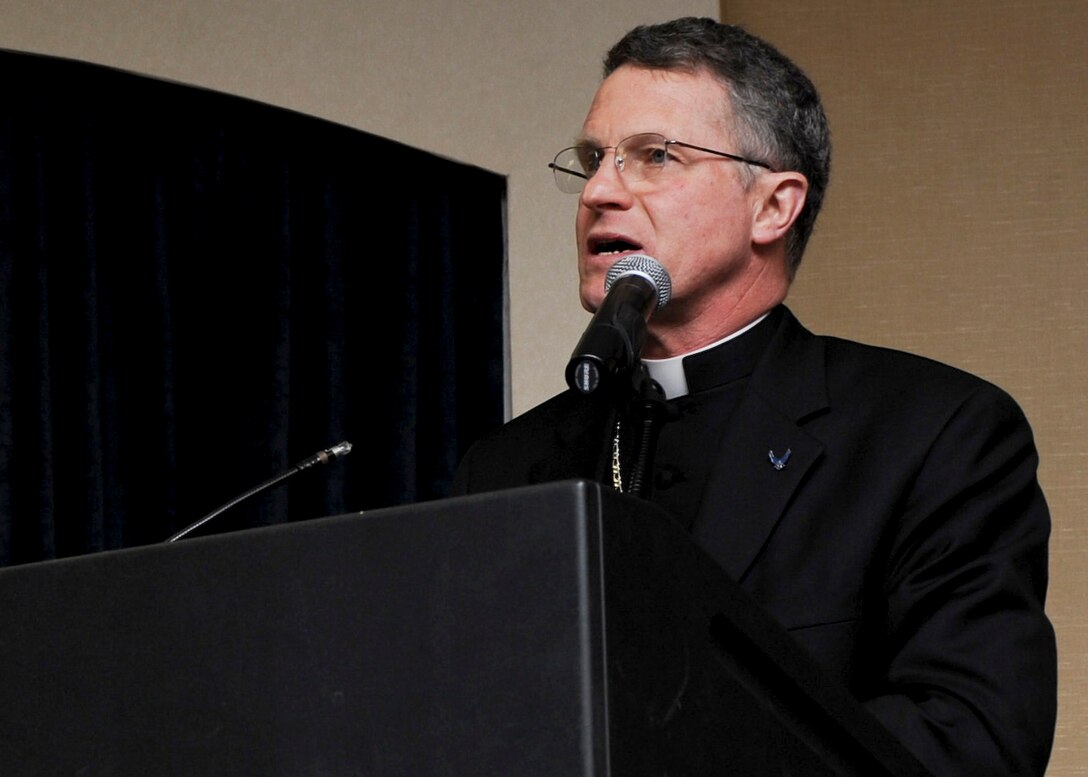 Archbishop Timothy Broglio, Archbishop for the Military Services, spoke about standing for truth and respecting the freedom of conscience as well as the beliefs of others during the National Prayer Luncheon at the Dakota’s Club on Ellsworth Air Force Base, S.D., May 14, 2013.  Approximately 175 Airmen and guests from around the base attended the event that also featured musical and choral performances by area artists. (U.S. Air Force photo by Airman 1st Class Anania Tekurio/Released)