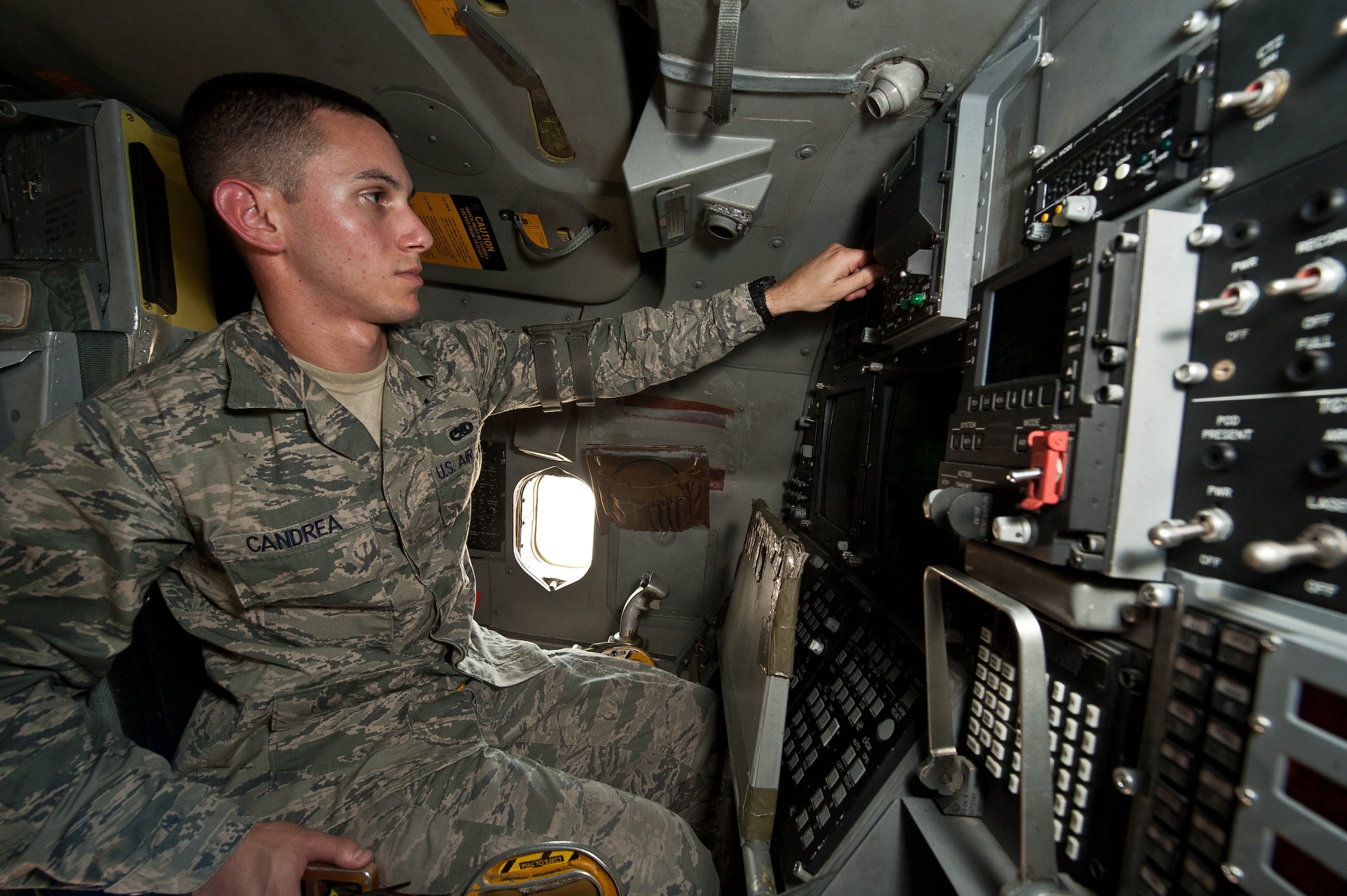 Senior Airman Cody Candrea, 28th Aircraft Maintenance Squadron instrument flight controls technician, inspects the central integrated test system control and display panels in a B-1 bomber during routine maintenance at Ellsworth Air Force Base, S.D., May 15, 2013. Ellsworth B-1 bombers provide the U.S. with ground and air superiority, an advantage that would not be possible without Airmen who work around-the-clock to service and repair B-1s at a moment’s notice. (U.S. Air Force photo by Airman 1st Class Zachary Hada/Released)