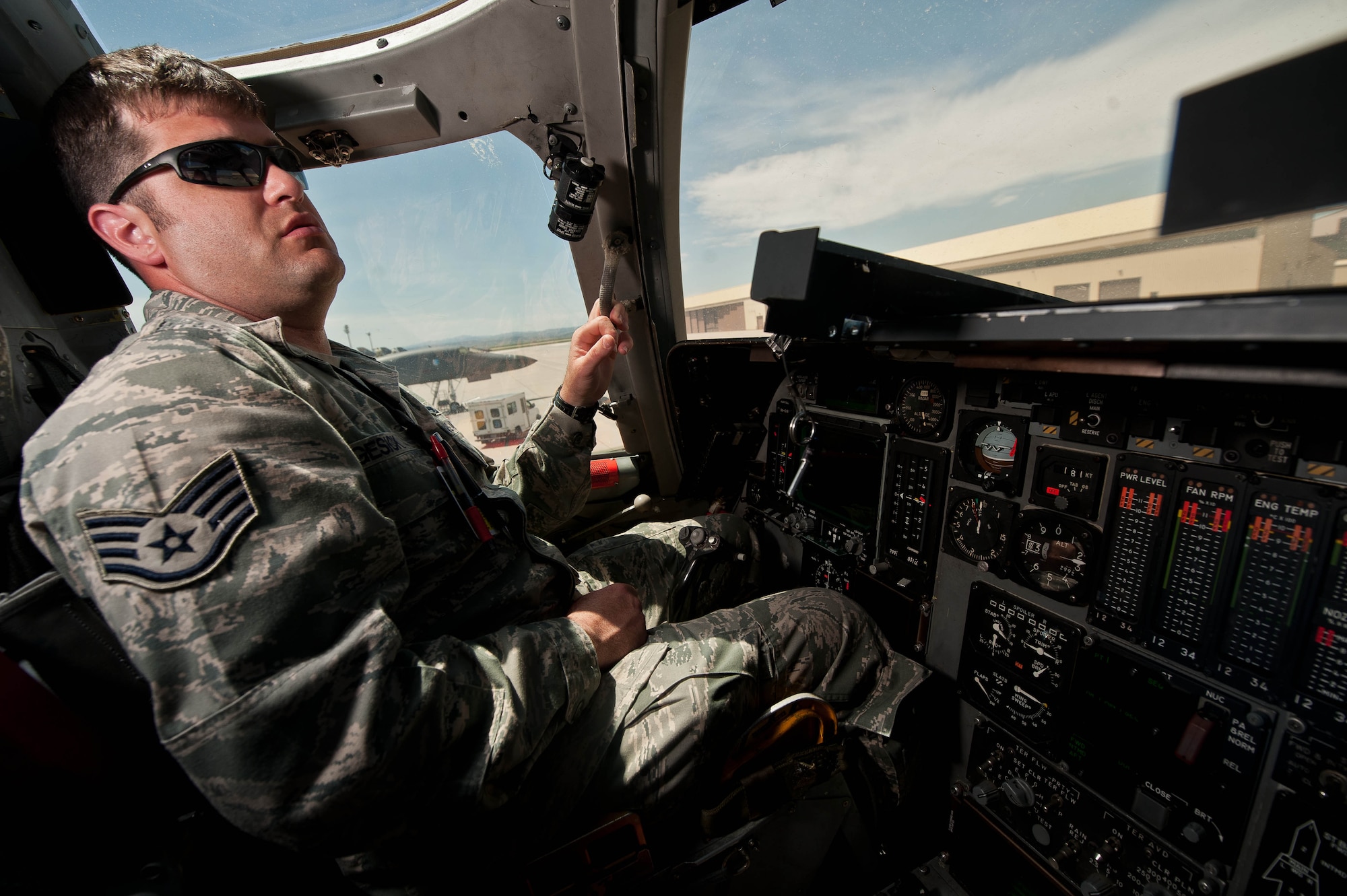 Staff Sgt. Patrick Gesick, 28th Aircraft Maintenance Squadron instrument flight controls lead technician, prepares to inspect flight instruments in a B-1 bomber cockpit during routine maintenance at Ellsworth Air Force Base, S.D., May 15, 2013. Instrument flight controls specialists are one of the six specialties in the 28th AMXS specialist section who are responsible for making sure each B-1 at Ellsworth functions properly. (U.S. Air Force photo by Airman 1st Class Zachary Hada/Released)