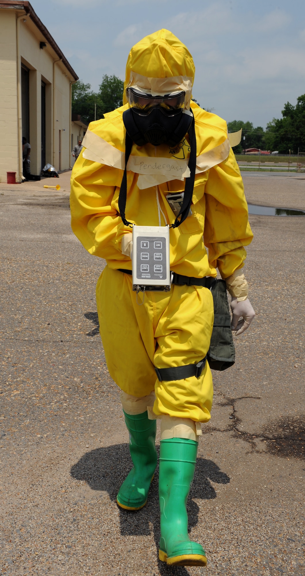 Senior Airman Scott Pendergast, 2nd Civil Engineering Squadron emergency management, sweeps an area for radiation contamination during a joint exercise on Barksdale Air Force Base, La., May 17, 2013. Once a sweep is made and the area is clear, a decontamination zone is setup. (U.S. Air Force photo/Airman 1st Class Benjamin Gonsier) 