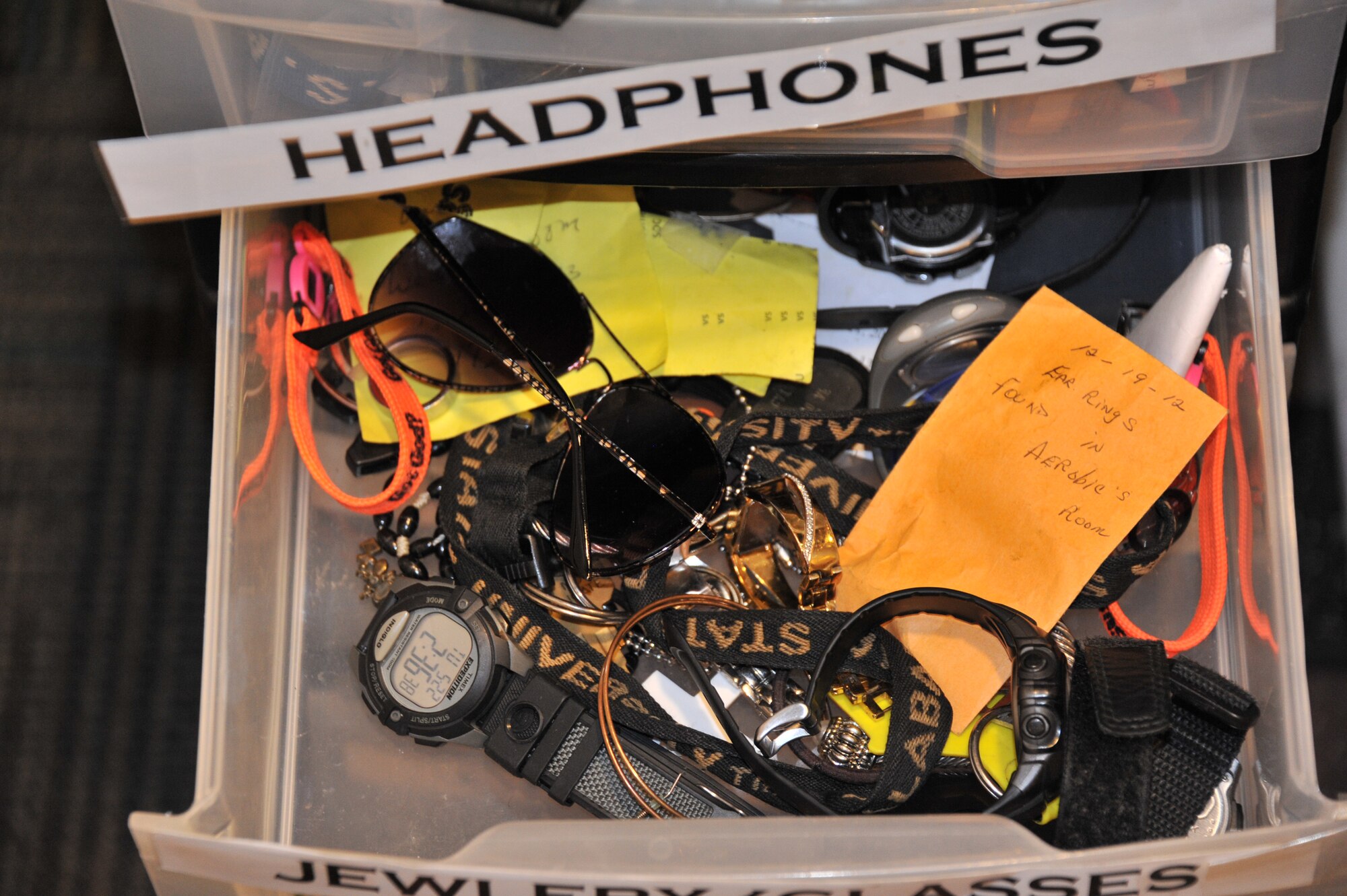 Maxwell Air Force Base's gym has a box which stores lost and found items. Base personnel can check with the front desk to inquire about missing belongings. (U.S. Air Force illustration by Airman 1st Class William Blankenship) 