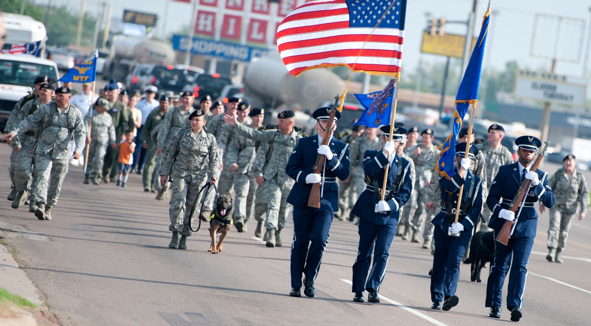 ALTUS, Okla. – Service members from Altus Air Force Base, retired veterans and various agencies throughout Altus march in the Armed Forces Day Parade, May 18. The event welcomes the opportunity to pay special tribute to the men and women of the armed forces as well as celebrating the unification of all the military services. Armed Forces Day is celebrated annually on the third Saturday of May. (U.S. Air Force photo by Senior Airman Jesse Lopez / Released)