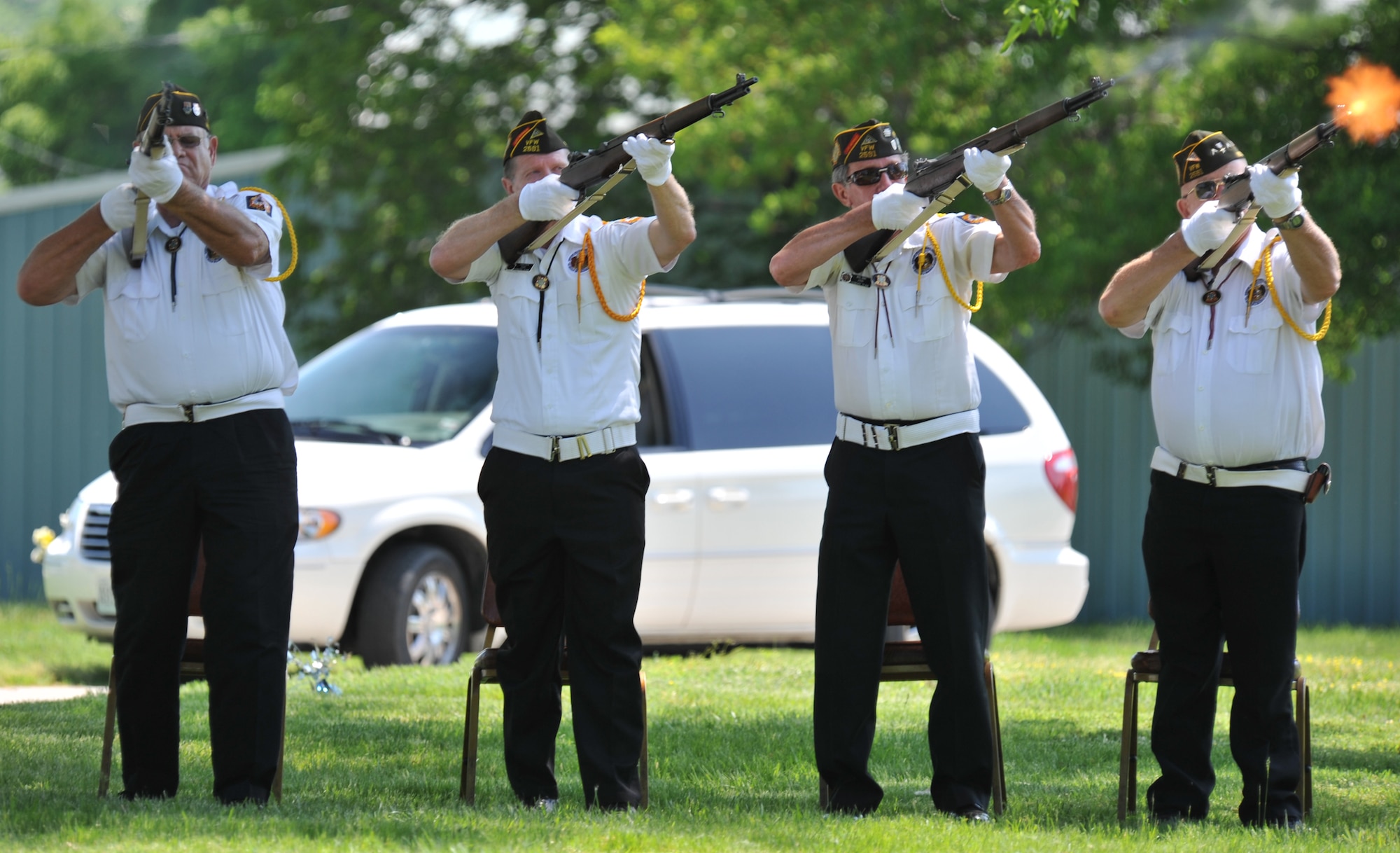 Members of the local Veterans of Foreign Wars chapter fire a 3-volley rifle salute during the 25th annual wreath-laying ceremony for 2nd Lt. George Whiteman May 18, 2013, in Sedalia, Mo. Whiteman, a Sedalia native, was in the Air Force for less than two years when he became one of the first Airmen to die during World War II. (U.S. Air Force photo by Senior Airman Brigitte N. Brantley/Released)