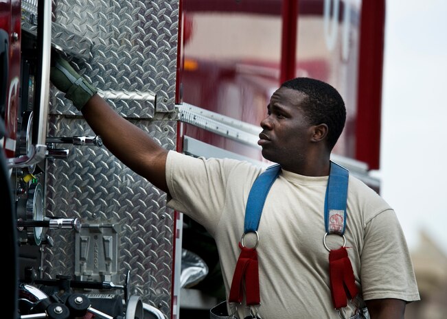 Senior Airman Oliver Demarcus, 99th Civil Engineer Squadron firefighter, supplies water to the decontamination trailer during an exercise, May 16, 2013, at Nellis Air Force Base, Nev. Decontamination showers are typically provided to emergency response teams and others who work around toxic substances and hazardous wastes. When contact occurs, a decontamination trailer provides them with a portable shower that allows for the safe removal of contaminants. (U.S. Air Force Photo by Airman 1st Class Jason Couillard)