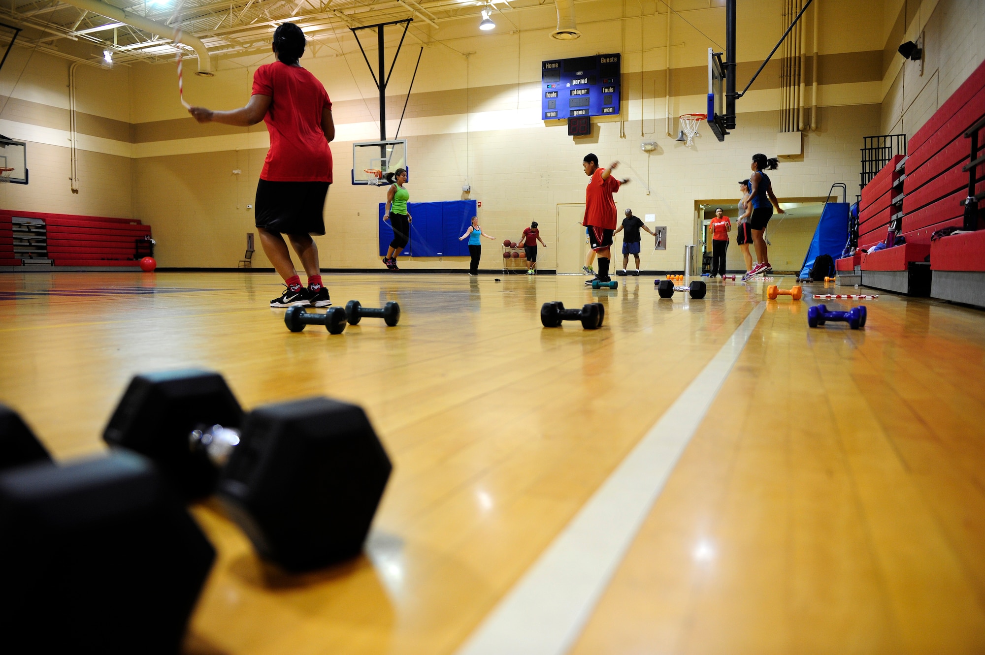 Team Shaw members prepare for summer and stay fit  by participating in the Fit Max class offered through the fitness center at Shaw Air Force Base, S.C., May 20, 2013. This course incorporates interval-based exercises, focused on building strength and cardio endurance. (U.S. Air Force photo by Airman 1st Class Daniel Blackwell/Released)